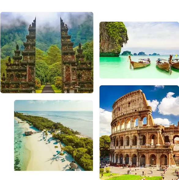 Collage of global landmarks like Bali gates and Rome's Colosseum, highlighting dream trips offered by your leading Tour and Travel Agency in Bangladesh