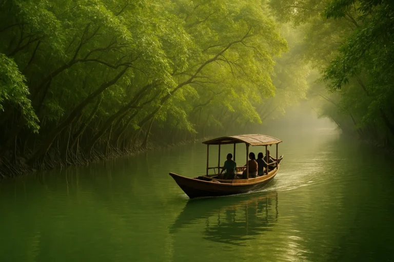 Eco-tour boat gliding through a misty Sundarbans creek framed by lush green mangroves