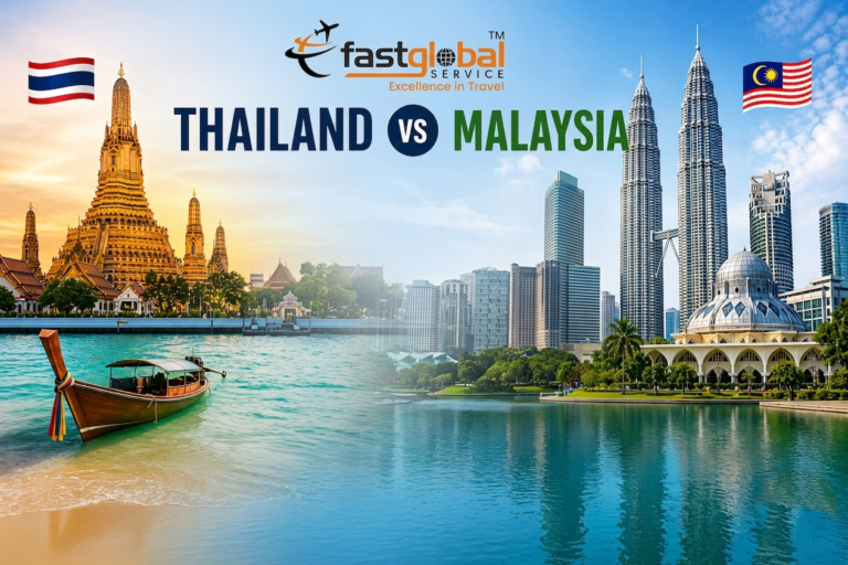 Comparison of Thailand and Malaysia tourism for Bangladeshi travelers showing Petronas Towers and Bangkok Temples.